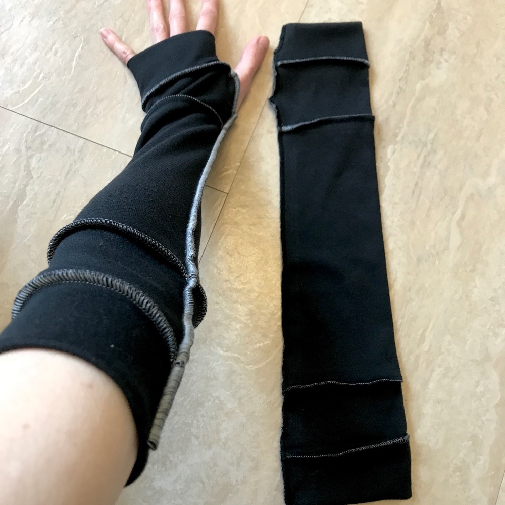 Black Cyber Goth Gloves Gray Zombie Stitch Elbow Length Arm Warmers Thumb Holes